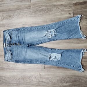 Altar'd State 28 Denim Distressed Button Fly Stretch Flare Blue Jeans Juniors 7